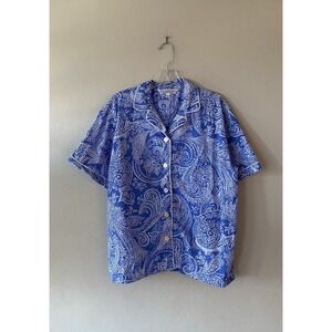 Alexander Del Rossa Paisley Print Blue White Short Sleeve Pajama Top Size Medium